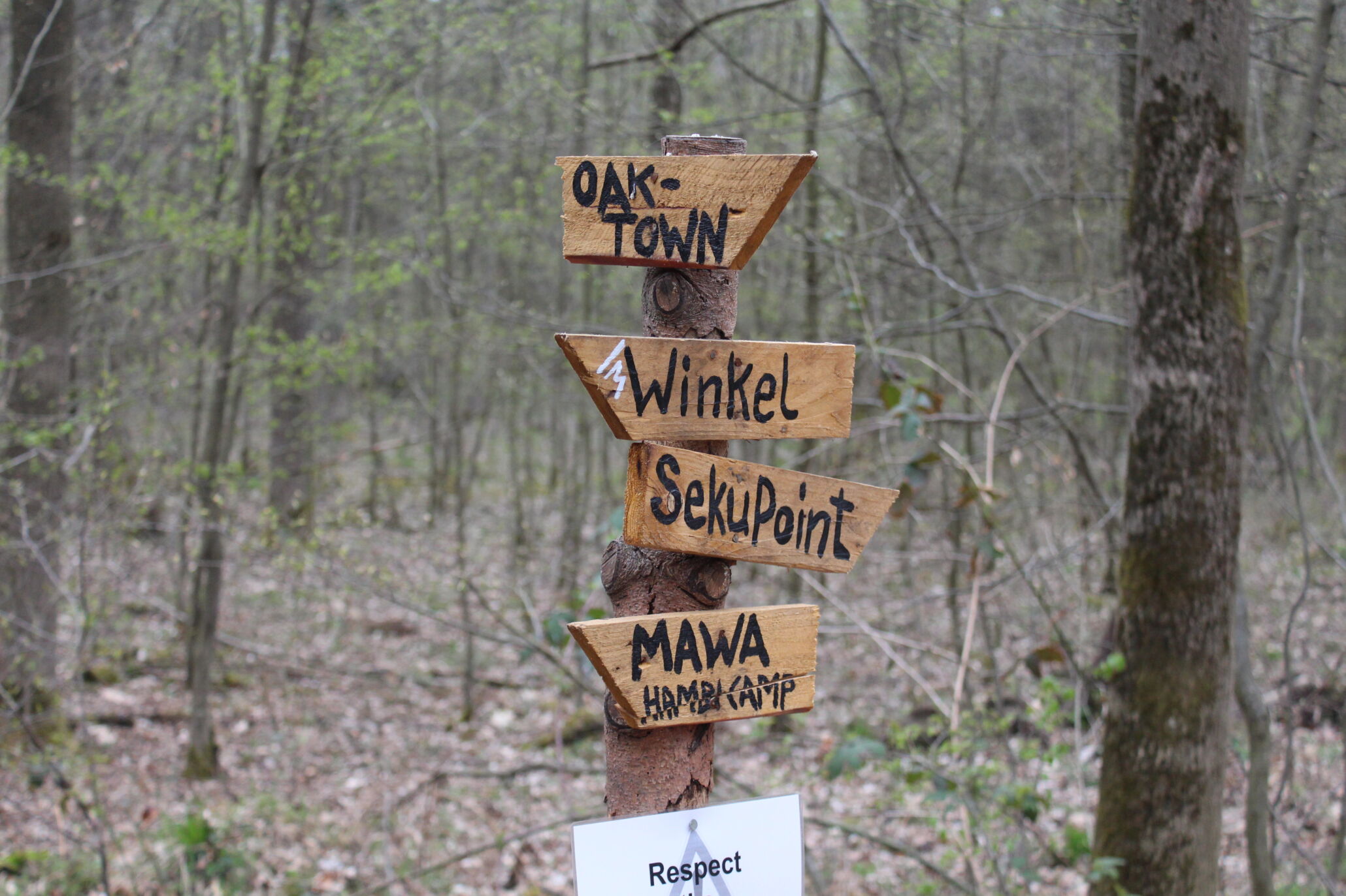 Signpost Hambach Forest - Hambach - Oak-Town - Winkel - SekuPoint - Mawa Hambi Camp