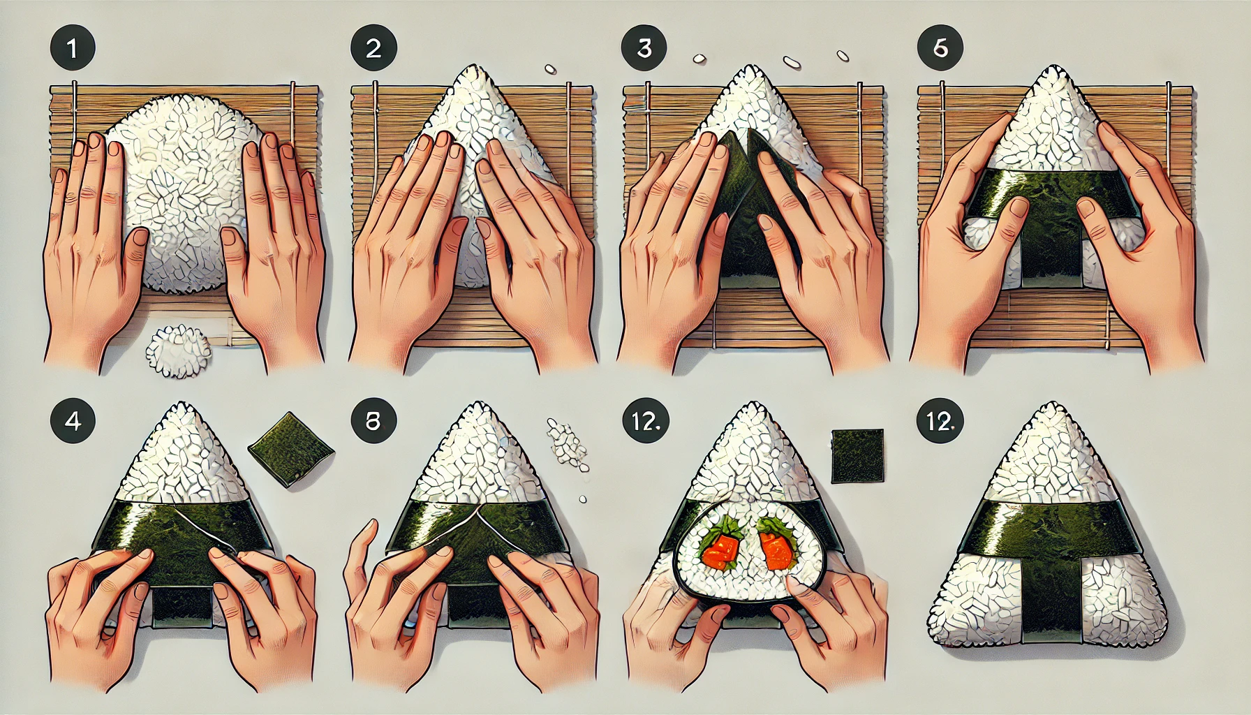 Grundlegenden Schritte, um Onigiri in der dreieckigen Form zu formen