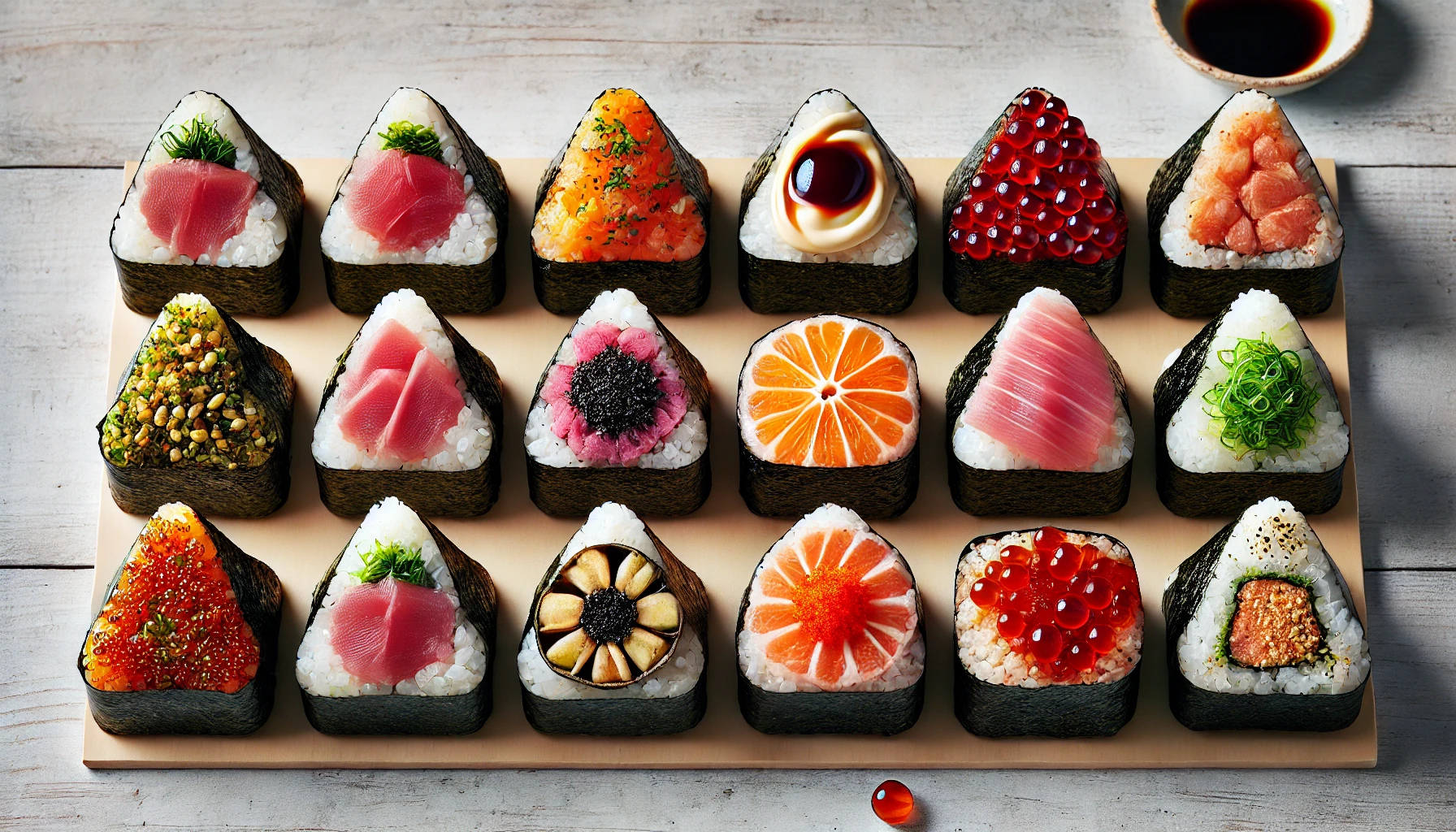 Onigiri mit verschiedenen Füllungen - Lachs, Umeboshi, Thunfisch